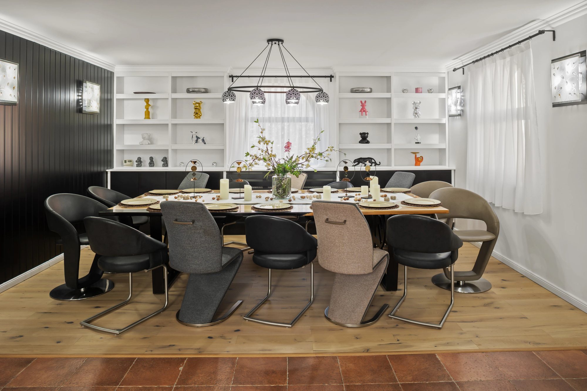 Dining & Kitchen — A table set for fourteen