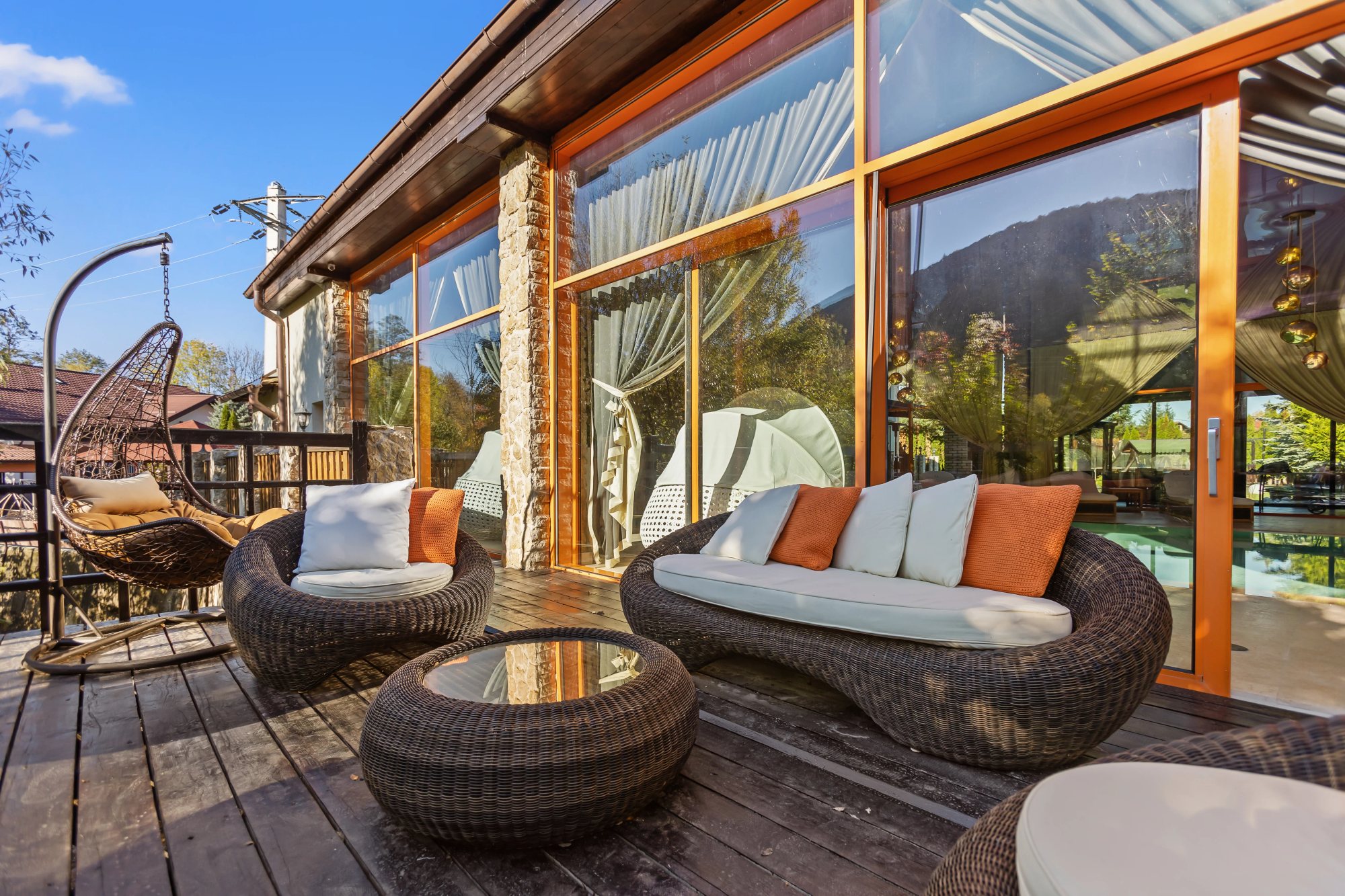 Grounds & River — The deck, with mountain views